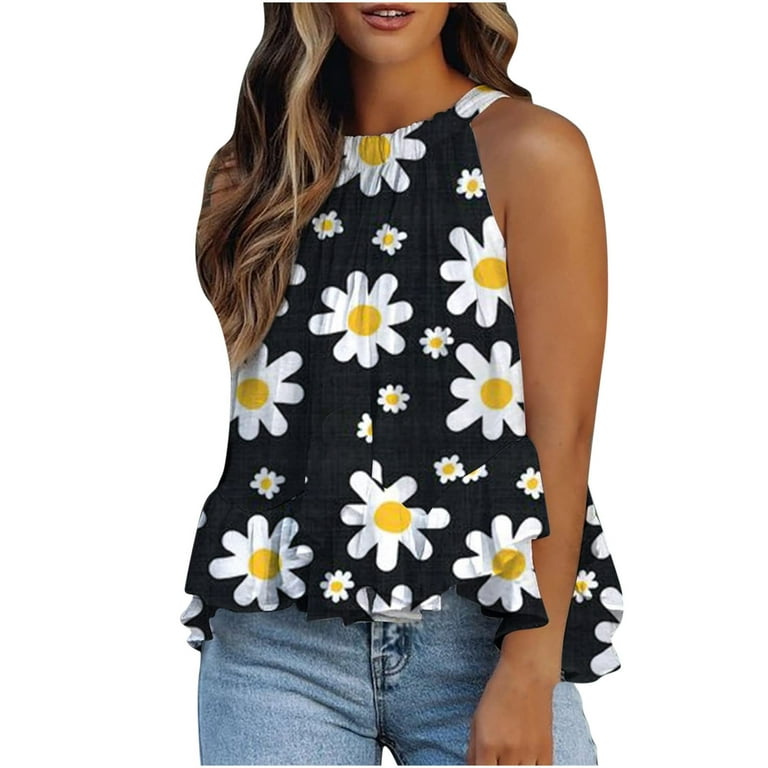 JGGSPWM Women Daisy Sunflower Pint Tank Tops Sleeveless Shirts Halter Neck  Tees Ruffle Flowy Vest Summer Casual Tops Loose Fit Comfy Tshirts Black S 