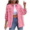 thumbnail image 1 of JGGSPWM Women Denim Jacket Ripped Distressed Jean Jackets Trendy Classic Lapel Button Down Up Frayed Hem Shacket with Pocket Pink XL, 1 of 6