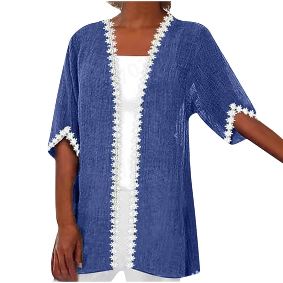 JGGSPWM Women Elbow-Length Tops Fancy Outwear Dressy Casual Tunic Plus Size Solid Lace Trim Shirts Temperament Cardigan Open Front Cardigans Blue XXXXL