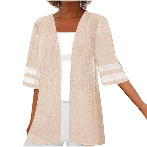 JGGSPWM Women Elbow-Length Tops Modern Cardigan Mesh Stitching Sleeve Tunic Open Front Cardigans Plus Size Solid Shirts Temperament Outwear Beige L