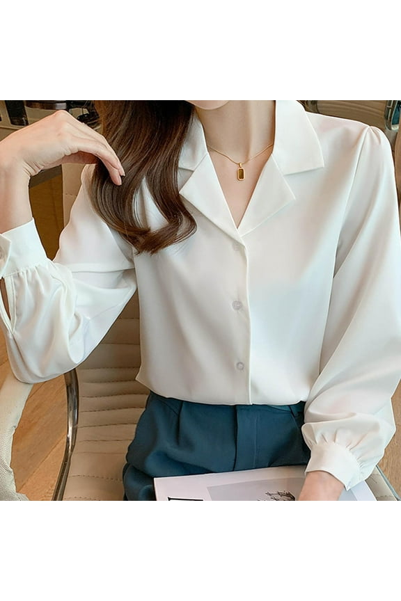 Women Elegant Notched Collar Button Down Long Sleeve Slim Fit Solid Color Casual Shirts Blouses White L