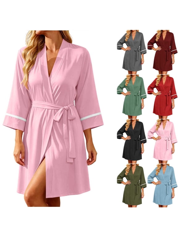 Women Fashion Solid Color Long Sleeve Mid-Length Water Absorbent Bathrobe Nightgown Wrap Fit Tie Wais Kimono Bathrobes Red XL
