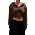 thumbnail image 1 of JGGSPWM Women Fleece Full Zip Up Cropped Hoodie Sweatshirt Vintage Long Sleeve Drawstring Hooded Crop Jacket Top with Pockets Brown S, 1 of 9