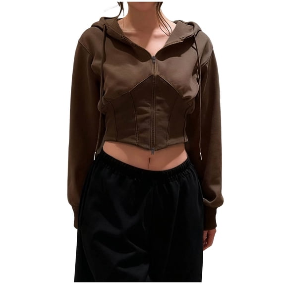 JGGSPWM Women Fleece Full Zip Up Cropped Hoodie Sweatshirt Vintage Long Sleeve Drawstring Hooded Crop Jacket Top with Pockets Brown S