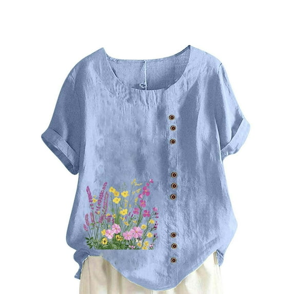 JGGSPWM Women Floral Print Linen Shirts Short Sleeve Gauze Tops Oversized Loose Fit Cotton Blouses Trendy 2026 Clothing Blue L