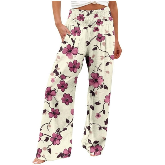 JGGSPWM Women Floral Print Wide Leg Pants High Waisted Casual Flowy Lounge Pants Elastic Waist Loose Trousers with Pockets Multicolor L