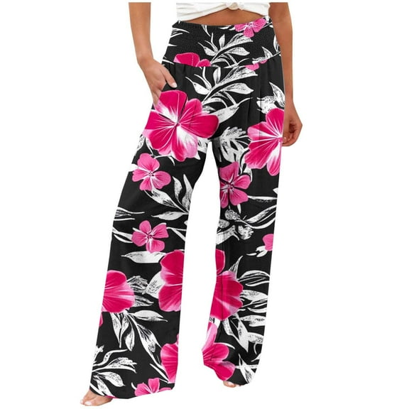 JGGSPWM Women Floral Print Wide Leg Pants High Waisted Casual Flowy Lounge Pants Elastic Waist Loose Trousers with Pockets Multicolor XL