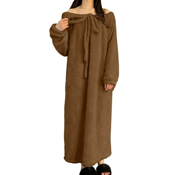 JGGSPWM Women Fuzzy Fleece Hoodless Robe Bathrobe Casual Long Sleeve House Coat Sleepwear Flannel Nightgowns with Pockets Brown Free Size