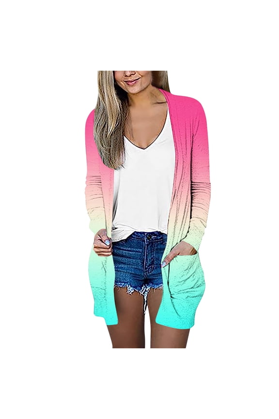Women Gradient Ombre Cardigans Long Sleeve Shirts Dressy Casual Outwear Open Front Cardigan Elegant Tunic Upstyle Tops Pink M