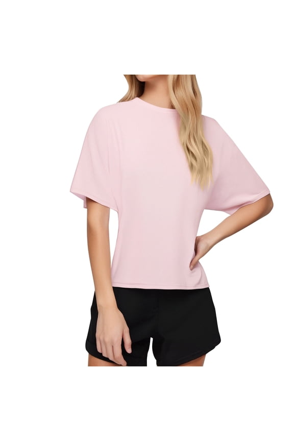 Women Half Sleeve Cropped T-Shirts Drop Shoulder Round Neck Crop Tops Casual Summer Solid Color Basic Tees Pink XXXL