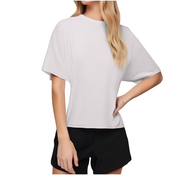 JGGSPWM Women Half Sleeve Cropped T-Shirts Drop Shoulder Round Neck Crop Tops Casual Summer Solid Color Basic Tees White M