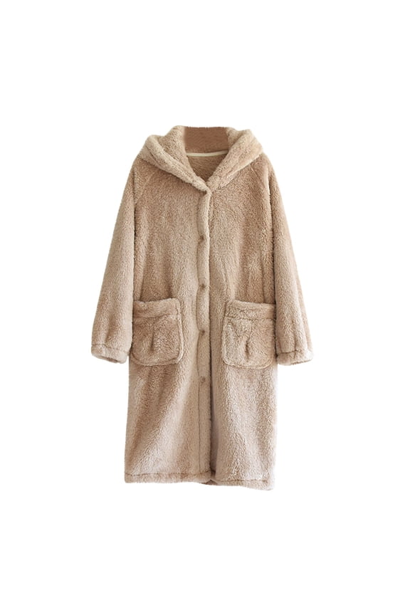 Women Hooded Robe Long Button Down Fleece Long Sleeve Casual Coat Soft Warm Fleece Winter Bathrobes with Pocket Brown L