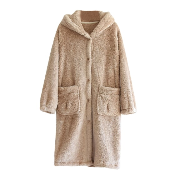 JGGSPWM Women Hooded Robe Long Button Down Fleece Long Sleeve Casual Coat Soft Warm Fleece Winter Bathrobes with Pocket Brown M