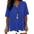 thumbnail image 1 of JGGSPWM Women Linen Cotton T Shirts Plain Button Side Split Summer Tops Casual Vacation Breathable Lightweight Blouses Blue XL, 1 of 6