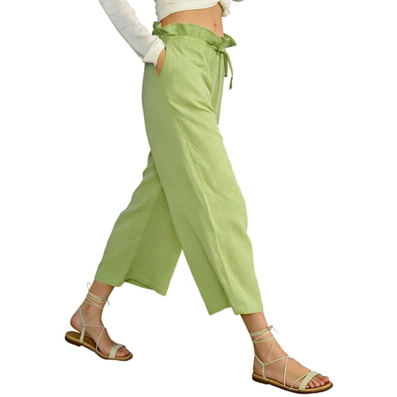 JGGSPWM Women Linen Pants Wide Leg Capri Pants Drawstring Elastic Waisted Pant Casual Summer Lounge Trousers with Pockets Green XXL