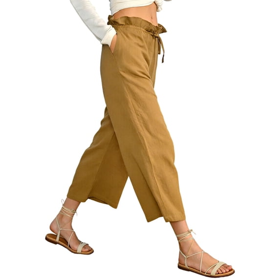 JGGSPWM Women Linen Pants Wide Leg Capri Pants Drawstring Elastic Waisted Pant Casual Summer Lounge Trousers with Pockets Yellow XXL