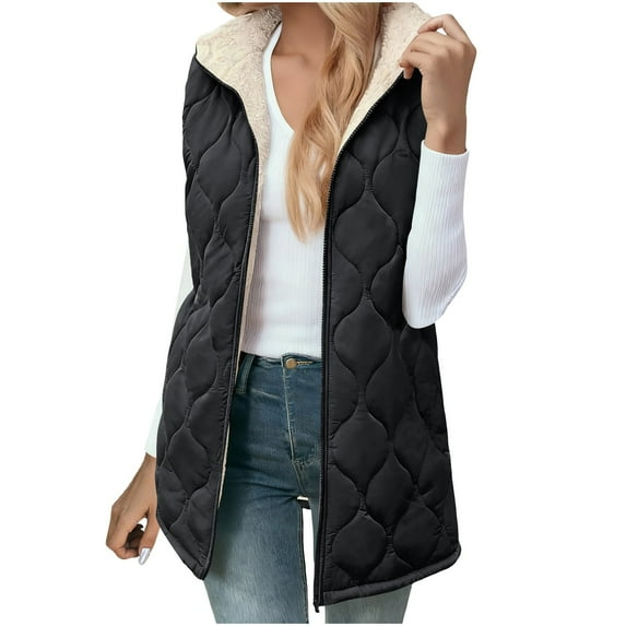 JGGSPWM Women Long Puffer Vest: Fall Zip up Reversible Fleece Jacket Winter Warm Sleeveless Hooded Coat with Pockets Black XXL