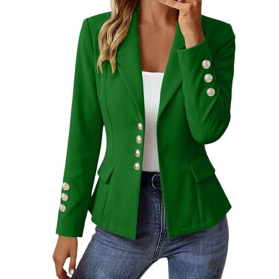 JGGSPWM Women Long Sleeve Blazer Suit Office Work Casual Open Front Turndow Collar Pocket Lightweight Jacket with Decorative Gold Buttons Green XXL