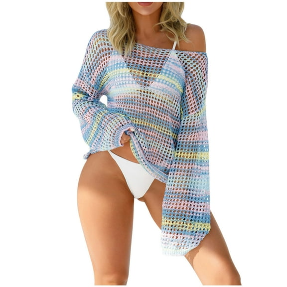 JGGSPWM Women Long Sleeve Lightweight Knit Mesh Beach Cover Up Swimwear Top Blue S
