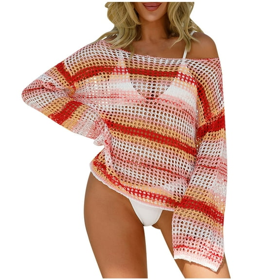 JGGSPWM Women Long Sleeve Lightweight Knit Mesh Beach Cover Up Swimwear Top Red S