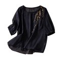 thumbnail image 1 of JGGSPWM Women Loose Cotton Linen Short Sleeve Mexican Embroidered Vintage Peasant Tops Summer Tees Shirts Blouses Black L, 1 of 6