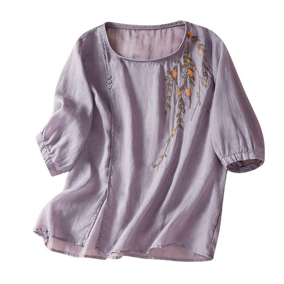 JGGSPWM Women Loose Cotton Linen Short Sleeve Mexican Embroidered Vintage Peasant Tops Summer Tees Shirts Blouses Purple M