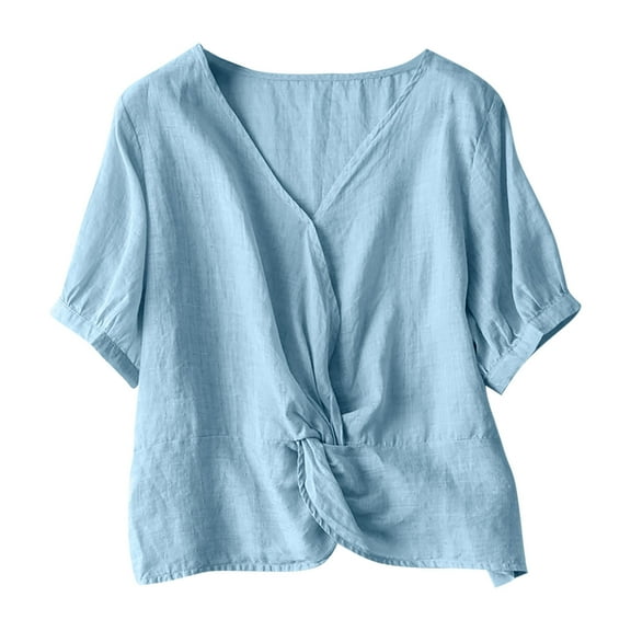 JGGSPWM Women Loose Fit Short Sleeve Cotton Linen Gauze V-Neck Button Down Casual Plus Size Blouses Tops Light Blue L