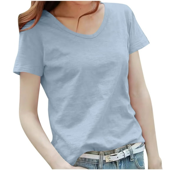 JGGSPWM Women Loose Fit V Neck Summer Breathable Cotton T-Shirt Casual Basic Cotton Linen Top Tee Light Blue XL