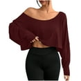 thumbnail image 1 of JGGSPWM Women Loose Off The Shoulder Long Sleeve Oversized Crop Tops Workout Spring Summer Casual T-Shirt Wine S, 1 of 6