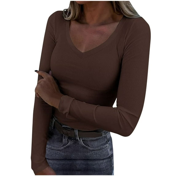 JGGSPWM Women Loose Polluer Solid Color V Neck Blouse Shirt Ribbed Fitted Tight T-shirt Short Sleeve Basic Knit Top Brown L