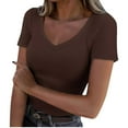 thumbnail image 1 of JGGSPWM Women Loose Polluer Solid Color V Neck Blouse Shirt Ribbed Fitted Tight T-shirt Short Sleeve Basic Knit Top Brown XXL, 1 of 5