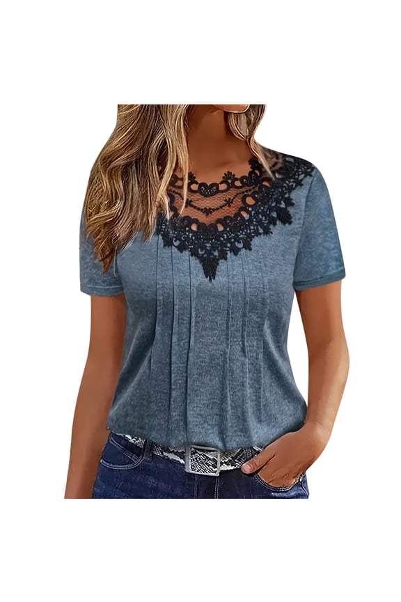 Women Loose Short Sleeve Plus Size Summer Lace Crochet Solid Dressy Pleated Tops Casual Tees Blouses Navy S