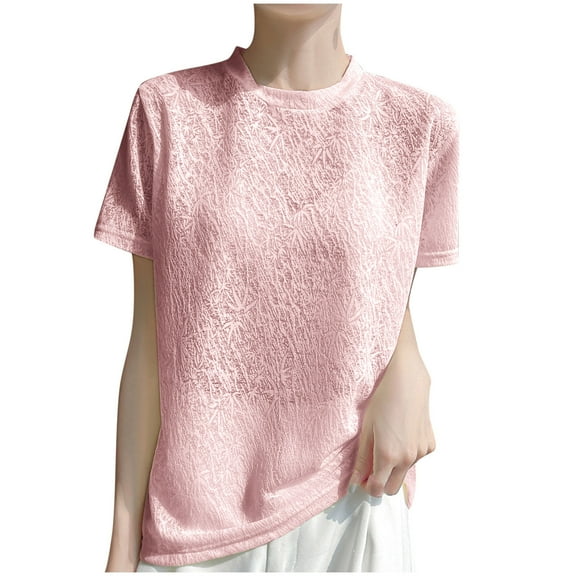 JGGSPWM Women Loose Short Sleeve Round Neck Knit Hollow Out Jacquard Office Work Top T-Shirt Pink M