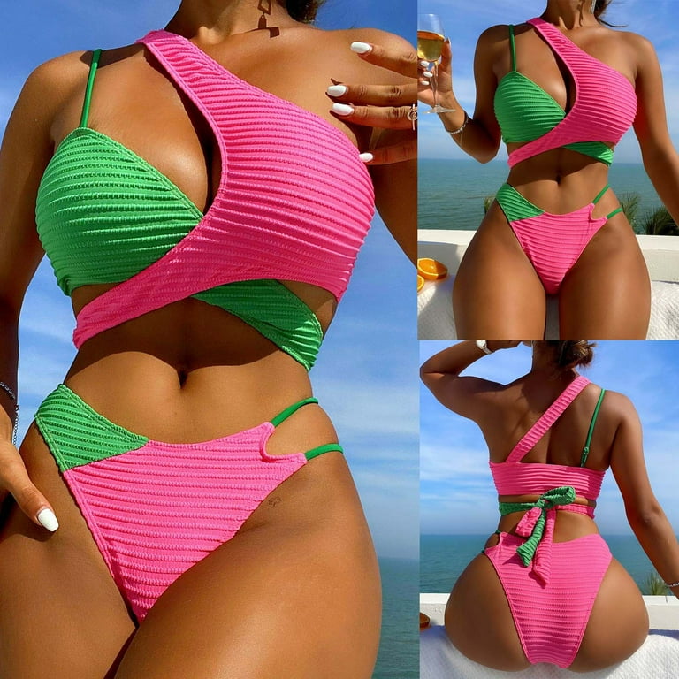 JGGSPWM Women Neon Color Block Swimsuit 2 Piece Tankini Sleeveless Bikini  One Shoulder Off Swimwears Fancy Beachwear Patchwork Bathing Suit Hot Pink M