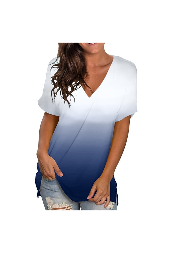 Women Ombre Blouse Cute Tshirts Short Sleeve Shirts V Neck Tees Summer Fashion Tops Casual Comfy Tunic Navy L