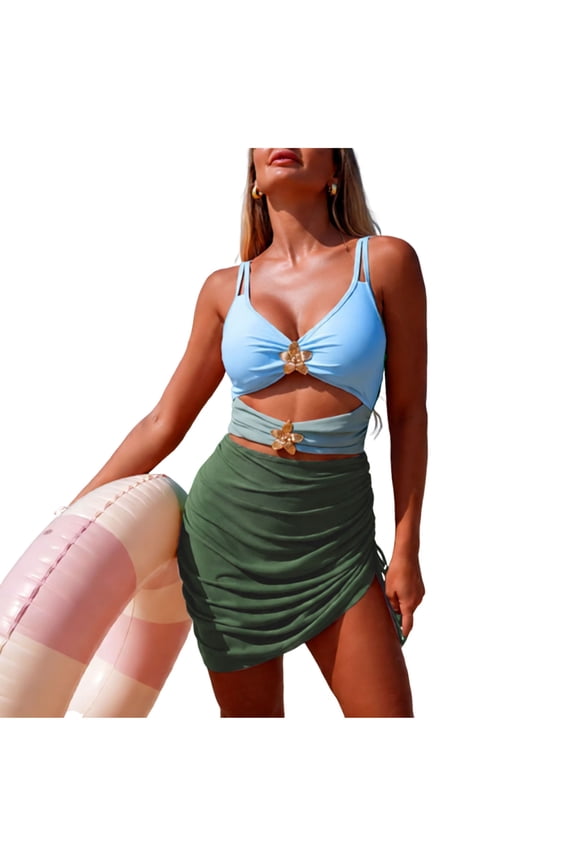 Women One Piece Swimsuits Cover Up Skirt Tummy Control Bathing Suit Slimming Gradient Color Beach Swimsuits Green L