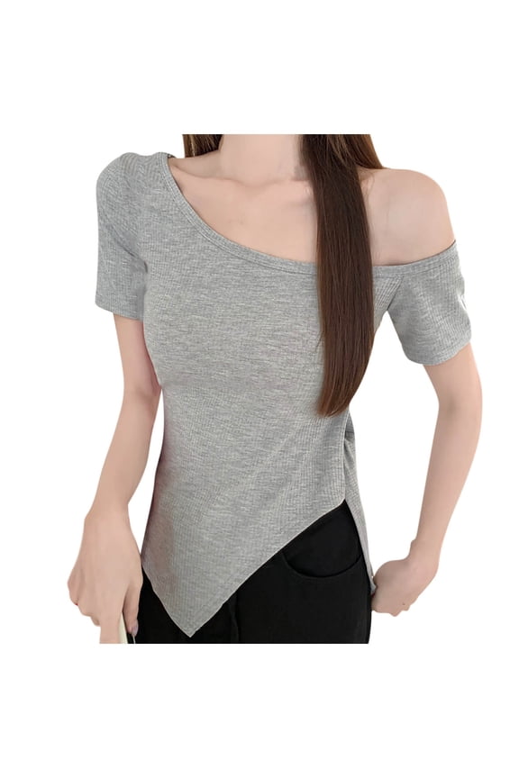 Women One Shoulder Off Shoulder Short Sleeves Side Split Irregular Hem Slim Fit Blouse Tops Gray Free Size
