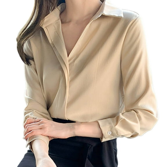 JGGSPWM Women Plain Long Sleeve Lapel Button Down Fashion Work Office Casual Top Blouse Gold S