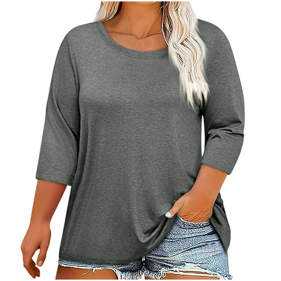 JGGSPWM Women Plus Size 3/4 Sleeve Casual Crew Neck Loose Fit Tunic Tops Blouse Gray 3XL