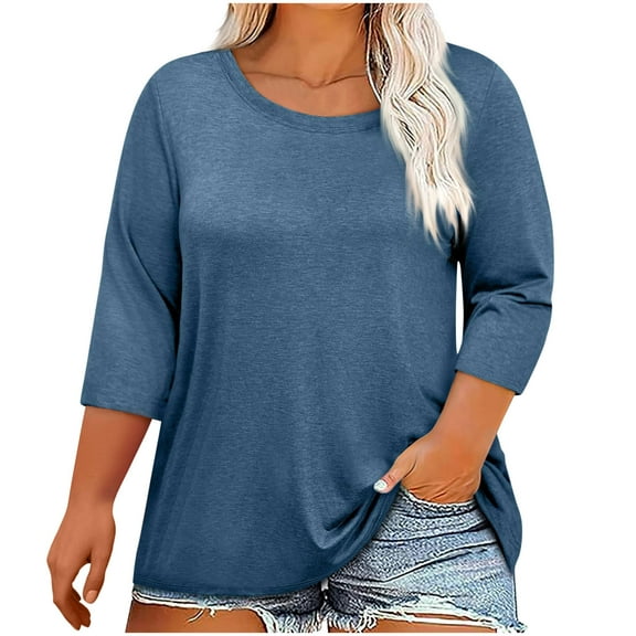 JGGSPWM Women Plus Size 3/4 Sleeve Casual Crew Neck Loose Fit Tunic Tops Blouse Navy L