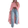thumbnail image 1 of JGGSPWM Women Plus Size High Low Hem Shawl Round Neck Lace Short Front Long Back Casual Stretchy Knit T-Shirt Blouse See Through Top Pink M, 1 of 5