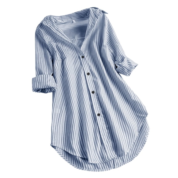 JGGSPWM Women Plus Size Stripe Blouse Casual Boyfriend Style Tshirts 3/4 Sleeve Shirts Lace V Neck Tees Rull Up Sleeve Trendy Fall Spring Tops Round Hem Tunic Light Blue XXXL