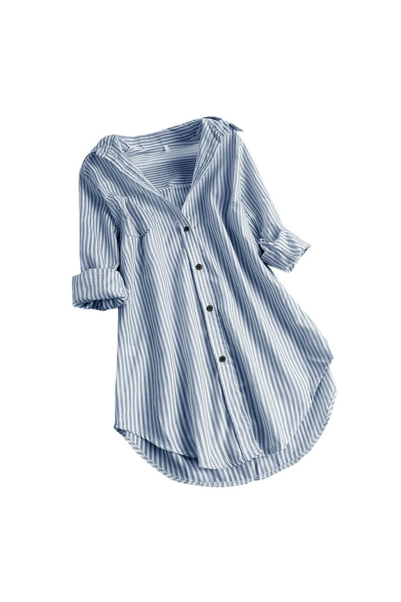 Women Plus Size Stripe Blouse Casual Boyfriend Style Tshirts 3/4 Sleeve Shirts Lace V Neck Tees Rull Up Sleeve Trendy Fall Spring Tops Round Hem Tunic Light Blue XXXL