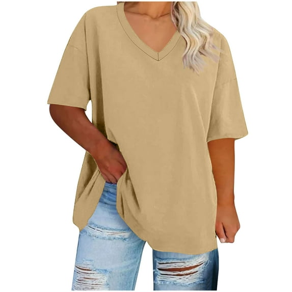 JGGSPWM Women Plus Size V Neck Summer Elbow-Length Casual Loose Fit Cotton Tunic T Shirts Tops Khaki 2XL