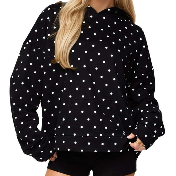 JGGSPWM Women Polka Dot Hoodie Oversized Fleece Hooded Sweatshirt Long Sleeve Drop Shoulder Graphic Print Hoodies with Pocket Black S