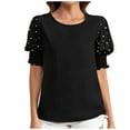 thumbnail image 1 of JGGSPWM Women Puff Short Sleeve Smocked Cuffs Pearled Beaded Fashion Casual Elegant Summer Tops Blouse Black M, 1 of 9