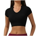 thumbnail image 1 of JGGSPWM Women Quick Dry Yoga Short Sleeve Crop Tops V Neck Athletic Running Gym Workout T Shirt Summer Classic Tee Black XL, 1 of 4