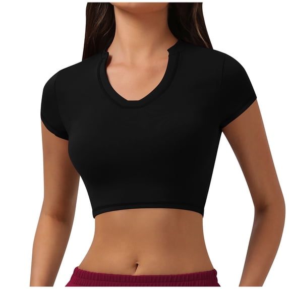 JGGSPWM Women Quick Dry Yoga Short Sleeve Crop Tops V Neck Athletic Running Gym Workout T Shirt Summer Classic Tee Black XL