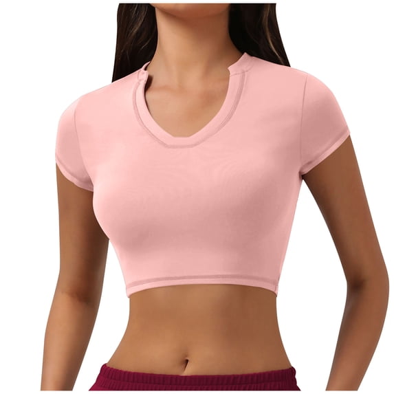 JGGSPWM Women Quick Dry Yoga Short Sleeve Crop Tops V Neck Athletic Running Gym Workout T Shirt Summer Classic Tee Pink S