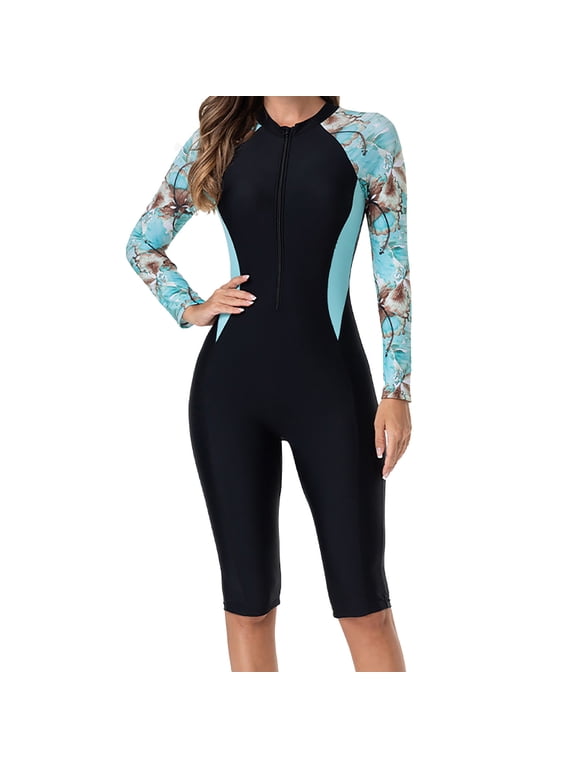 Women Rash Guard Long Sleeve Shirts Surfing Shorts Swimsuits with Chest Pads And No Steel Supports Conservative Swimsuits Front Zip Surf Wetsuit Blue XXL